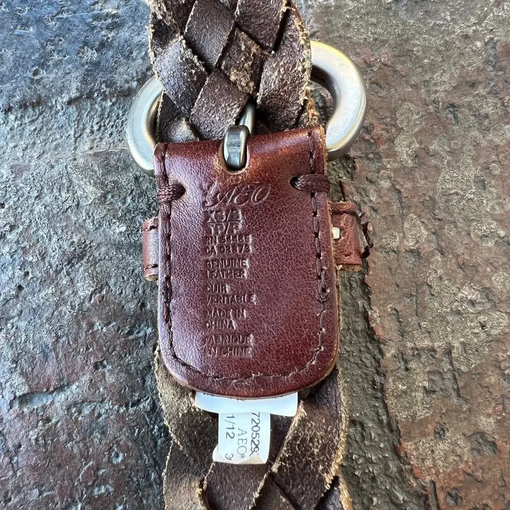 AEO Brown Leather Braided Belt with Silver Round Buckle Size XS/S